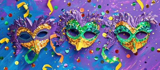 Fototapeta na wymiar Mardi Gras-themed craft for children, using cardboard, sequins, paper, and beads.