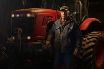 Farmer steht vor seinem roten Traktor - obrazy, fototapety, plakaty