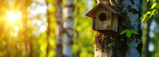 Birdhouse, nesting box on the tree trunk in the summer forest, sunny day - obrazy, fototapety, plakaty