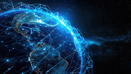 A visualization of data exchange worldwide, with Earth connected to a global network.