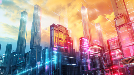 vibrant cityscape with tall skyscrapers glowing with neon lights under a sunset sky, depicting a bustling, futuristic urban environment