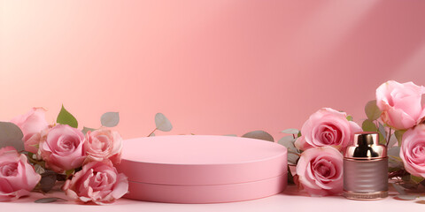 Podium with beautiful flowers. Mock up for product, cosmetic presentation. Pedestal or platform for beauty products