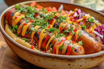 A trendy vegetarian twist on hot dogs, presented in a bowl with plant-based sausages