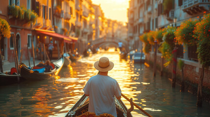 A gondolier rides a gondola down the street - obrazy, fototapety, plakaty