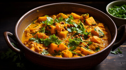 A fragrant curry made with sweet potatoes, chickpeas, and coconut milk. - obrazy, fototapety, plakaty