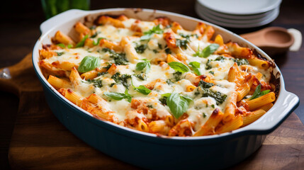 Baked ziti pasta with a rich tomato sauce, spinach, and melted mozzarella cheese.