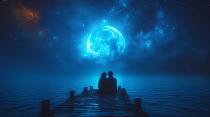 Couple in love on the seashore against the backdrop of moonlight