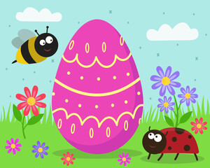 Easter background with Easter egg, ladybug, bee, clouds, flowers and grass. Spring background. Easter holida
