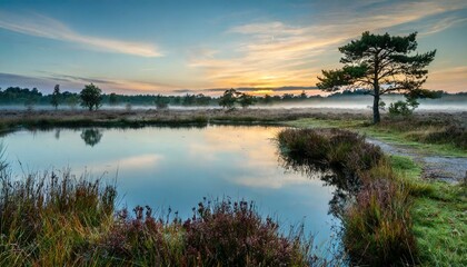 Fototapeta na wymiar Teich in der Heide im Morgengrauen