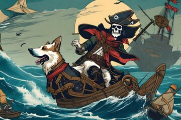Fototapeta premium Creative 4k high resolution wallpaper art of a dog inspired by game movie with Swashbuckling pirate adventures on the high seas with action, humor, and supernatural by Ukiyo-e