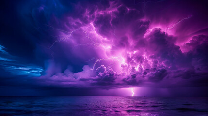 Fototapeta premium Thunderstorm skies over the ocean, with lightning coursing overhead.