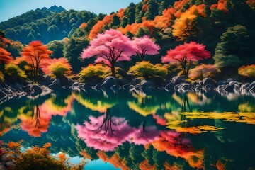 Fototapeta na wymiar Summer in Japan mountain lake colorful trees