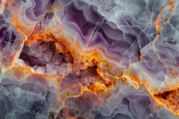 Layered violet and orange texture of precious stone surface. Natural mineral background