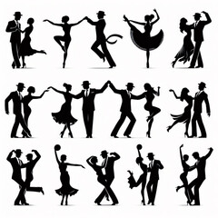 Young couples silhouette dancing on white background. Man and woman dancing icon. - obrazy, fototapety, plakaty