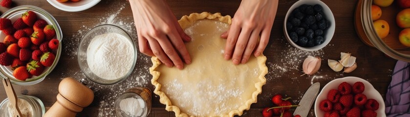 A baker's hands crimping the edge of a raw pastry for a tart, with bowls of fresh fruit fillings...