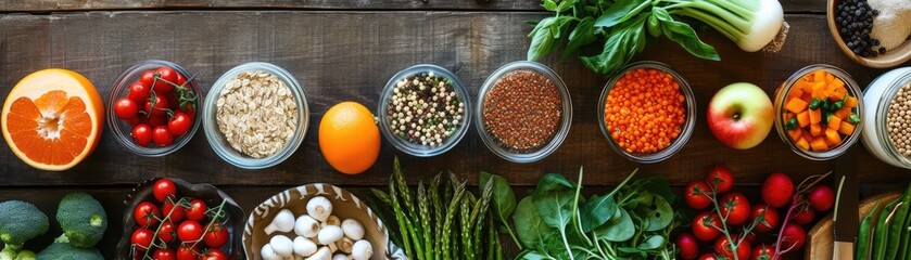 A family kitchen scene with various organic ingredients laid out for a healthy cooking session, featuring fruits, vegetables, and whole grains - obrazy, fototapety, plakaty