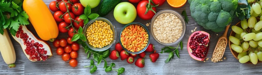 A family kitchen scene with various organic ingredients laid out for a healthy cooking session, featuring fruits, vegetables, and whole grains - obrazy, fototapety, plakaty
