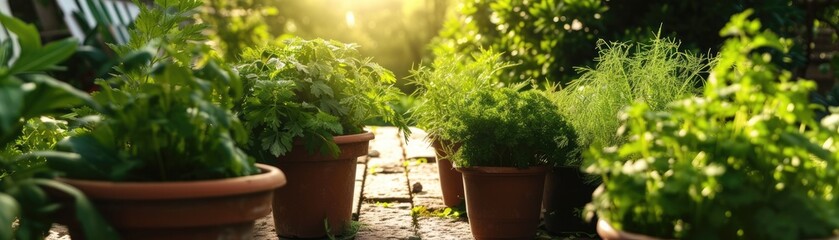 A kitchen garden scene with pots of organic culinary herbs like parsley, cilantro, and dill, morning sunlight