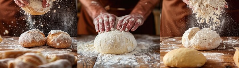 A step-by-step visual guide to making artisan bread, showcasing the mixing, kneading, and baking processes
