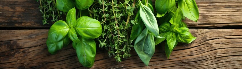 Aromatic display of organic herbs like basil, rosemary, and thyme, fresh from the garden, on a rustic wooden table - obrazy, fototapety, plakaty