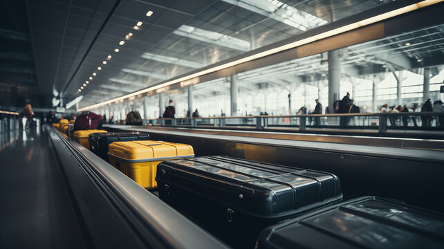 Suitcases on conveyor belt on airport. AI