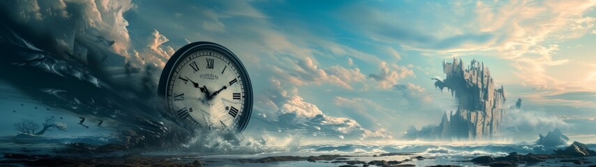 Surreal Landscape with Clock Face in Rapid Motion
