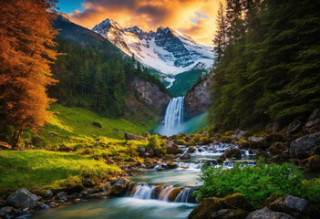 A magnificent view of nature. Flowing waters and lakes. Mountains and trees