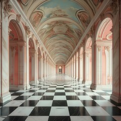 Fototapeta premium Ethereal Elegance: Pastel-Toned Corridor with Frescoed Ceiling and Marble Checkered Flooring