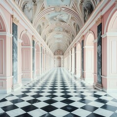 Rococo Reverie: Opulent Pink Hallway with Marble Columns and Chessboard Floor