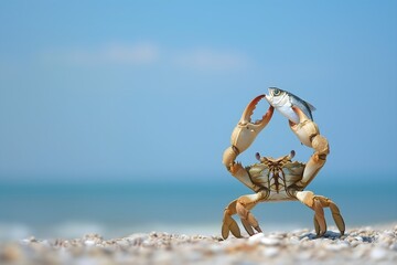Triumphant Crab Holding a Fish Aloft on a Shingle Beach