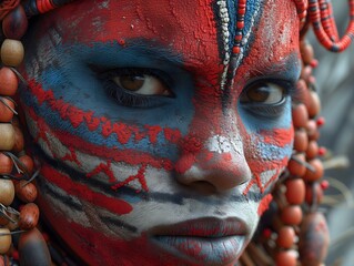 Tribal Essence: Portrait of a Warrior with Traditional Face Paint and Beads