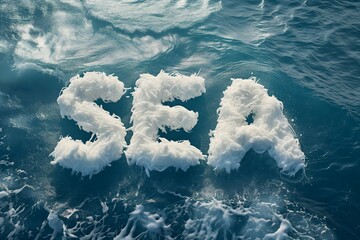 Ethereal Sea Foam Letters Forming the Word SEA on Ocean Waves