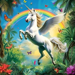 Obraz na płótnie Canvas Unicorn Flying over Tropical Forest with Rainbow and Butterflies