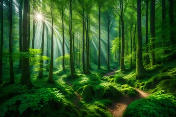 Nature green forest trees background, Caucasus, Russia