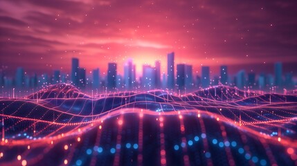 Futuristic city connections: A captivating image of smart city concepts, abstract dots, gradient lines, and intricate wave designs. Perfect for technology and big data themes.