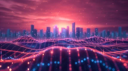 Foto op Canvas Futuristic city connections: A captivating image of smart city concepts, abstract dots, gradient lines, and intricate wave designs. Perfect for technology and big data themes. © Rathnayakamudalige
