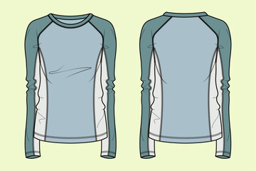Sports Cycling Active Raglan Full Sleeve Round Neck T-Shirt - Front, Back, and Side View - Vector Flat Sketch for Running, Yoga, and Gym