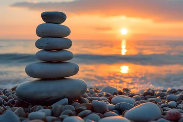 Deurstickers Sunset serenity captured in a stunning image of a stones pyramid on the seashore, creating a sense of calm and balance in this beautiful stock photograph. © Rathnayakamudalige