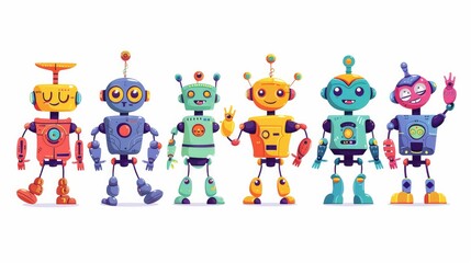 Set of happy funny cartoon childish robots wave hand, say hello. Cute kid cyborgs, retro, futuristic modern bots, android, smiling characters in flat vector illustration isolated on white background - obrazy, fototapety, plakaty