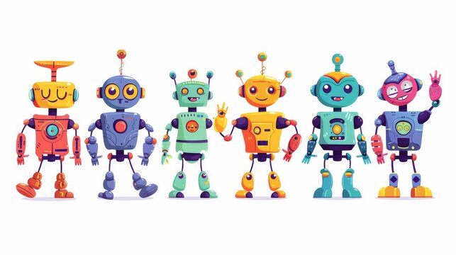 Set of happy funny cartoon childish robots wave hand, say hello. Cute kid cyborgs, retro, futuristic modern bots, android, smiling characters in flat vector illustration isolated on white background