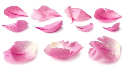 Set of pink peony petals isolated on white background