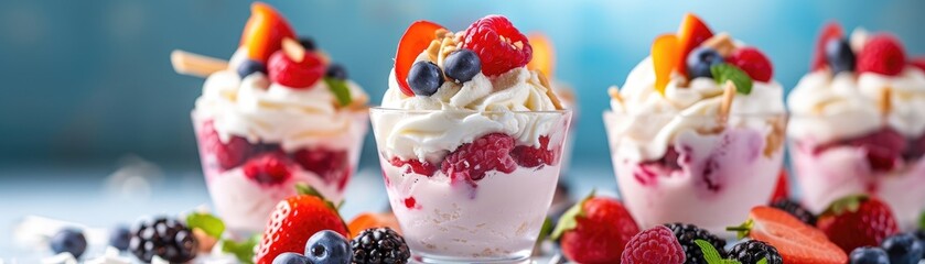Artistic display of ice cream sundaes garnished with summer fruits and berries, perfect for a hot...