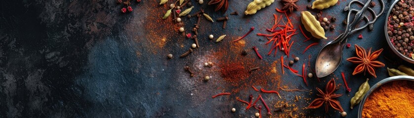 Artistic flat lay of an array of spices including saffron, cardamom, and star anise on a dark, moody background - obrazy, fototapety, plakaty