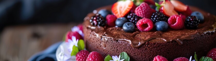 Close-up of a delicious gluten-free chocolate cake made with almond meal, decorated with fresh berries and edible flowers