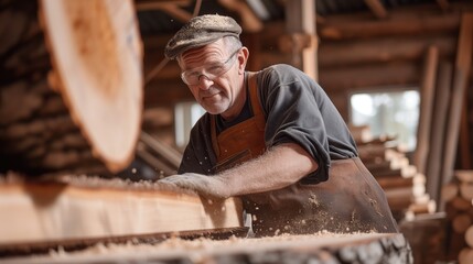 Elderly senior retiree sawman at work wearing safety equipment protective goggles at work with timber plank sawmill background - obrazy, fototapety, plakaty