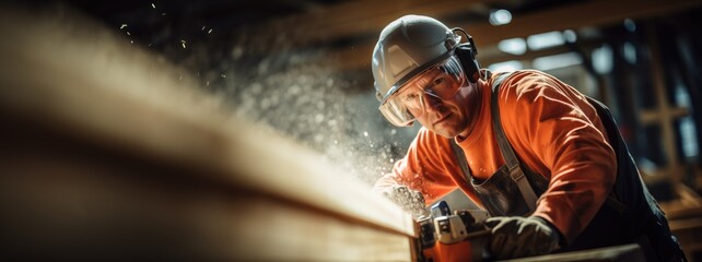 Caucasian middle aged sawyer Lumberjack logger worker at work with safety equipment protective gloves hardhat helmet and glasses at working with timber plank background and copyspace poster or banner
