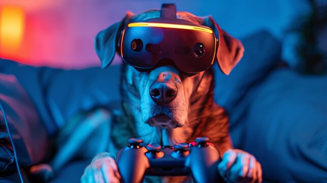 Dog in VR Glasses with Video Game Controller