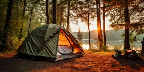 Camping Tent in Wilderness Campsite. Travel Banner with place for text