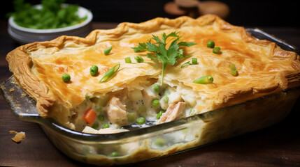 Homemade chicken pot pie with a flaky crust and a creamy filling.