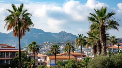 Fototapeta na wymiar Urban landscape with palm trees in the foreground, residential buildings, and a mountain backdrop under a partly cloudy sky, in a coastal Mediterranean town during summer
